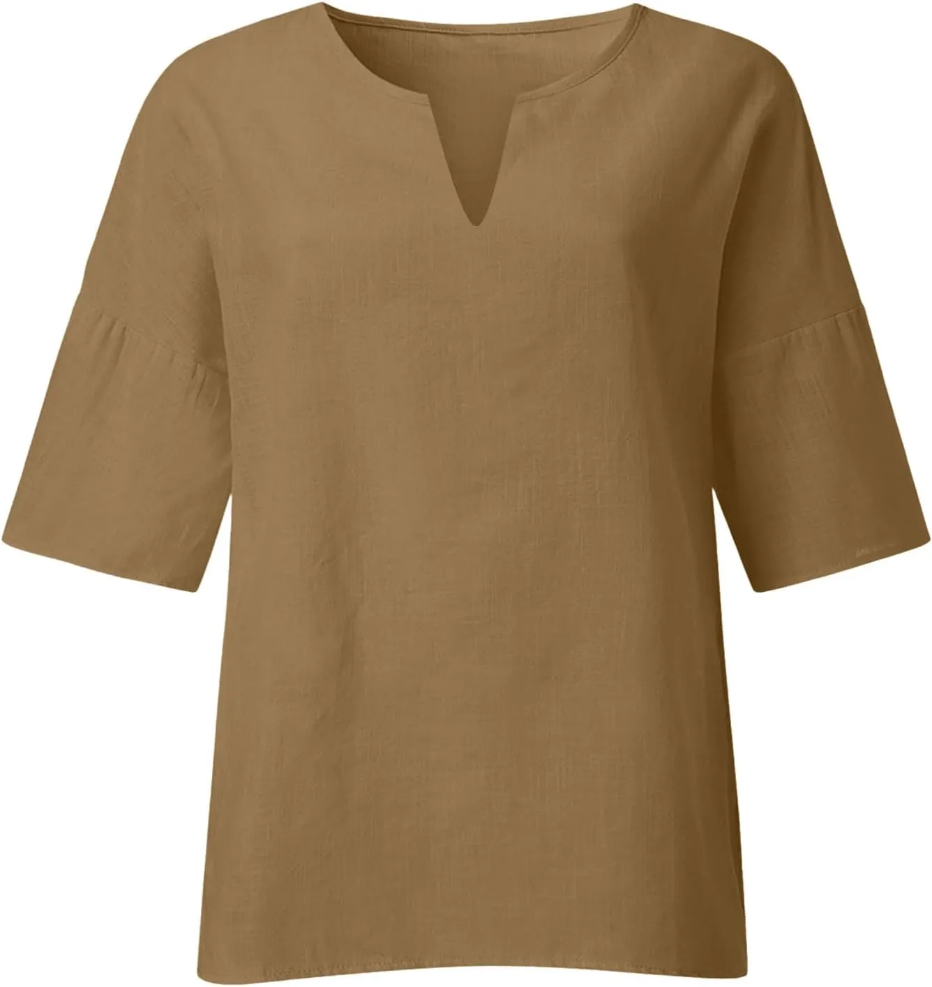 Linen Shirts for Women Casual Loose Fit Summer 3/4 Sleeve Linen Tops v Neck Three-Quarter Sleeve Solid Blouse