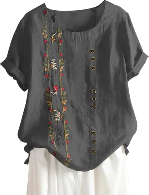 Linen Shirts Women Crew Neck Short Sleeve Tops Vintage Floral Print T Shirts Plus Size Summer Tops Casual Blouses