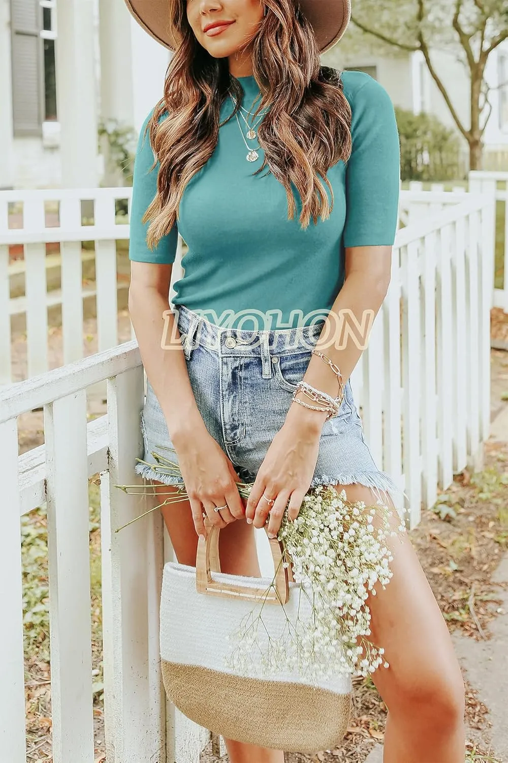 LIYOHON Womens Tops Dressy Casual Mock Turtleneck Business Short Sleeve T Shirts Going Out Tops 2025