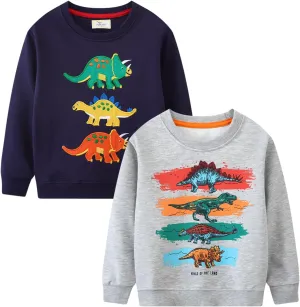 LOKTARC 2 Pack Toddler Boys Sweatshirts Patterned Long Sleeve Pullover Crewneck Tops Shirts