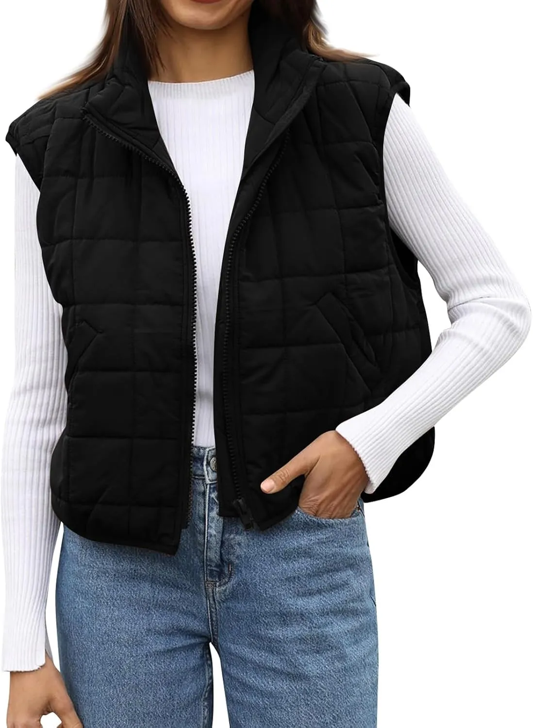 Long Fleece Vests For Women 2024 Trendy Puffer Zip Up Sleeveless Hoodie Jacket Quilted Vest Padded Coat Outerwear