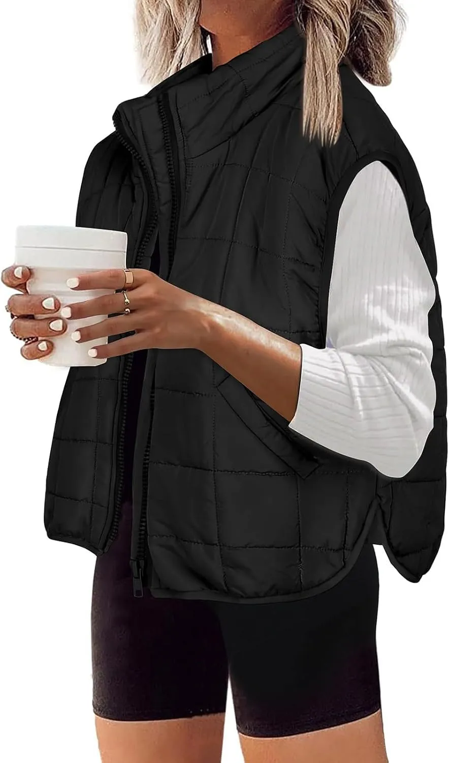 Long Fleece Vests For Women 2024 Trendy Puffer Zip Up Sleeveless Hoodie Jacket Quilted Vest Padded Coat Outerwear