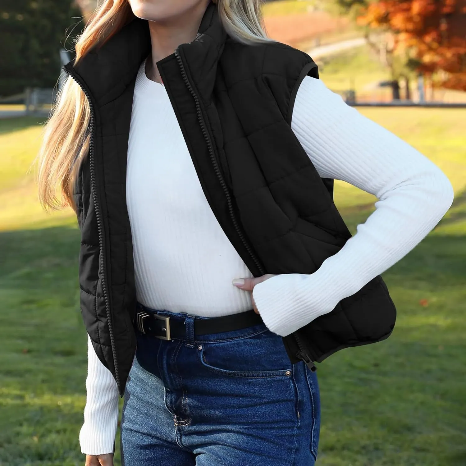 Long Fleece Vests For Women 2024 Trendy Puffer Zip Up Sleeveless Hoodie Jacket Quilted Vest Padded Coat Outerwear