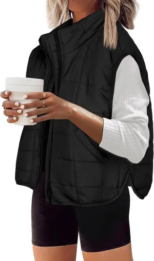 Long Fleece Vests For Women 2024 Trendy Puffer Zip Up Sleeveless Hoodie Jacket Quilted Vest Padded Coat Outerwear