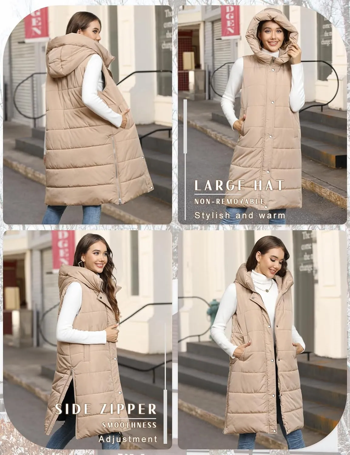Long Puffer Vest Women Quilted Hooded Vest Zip Up Sleeveless Vests Outerwear Padded Jacket Warm Winter Coat 2024
