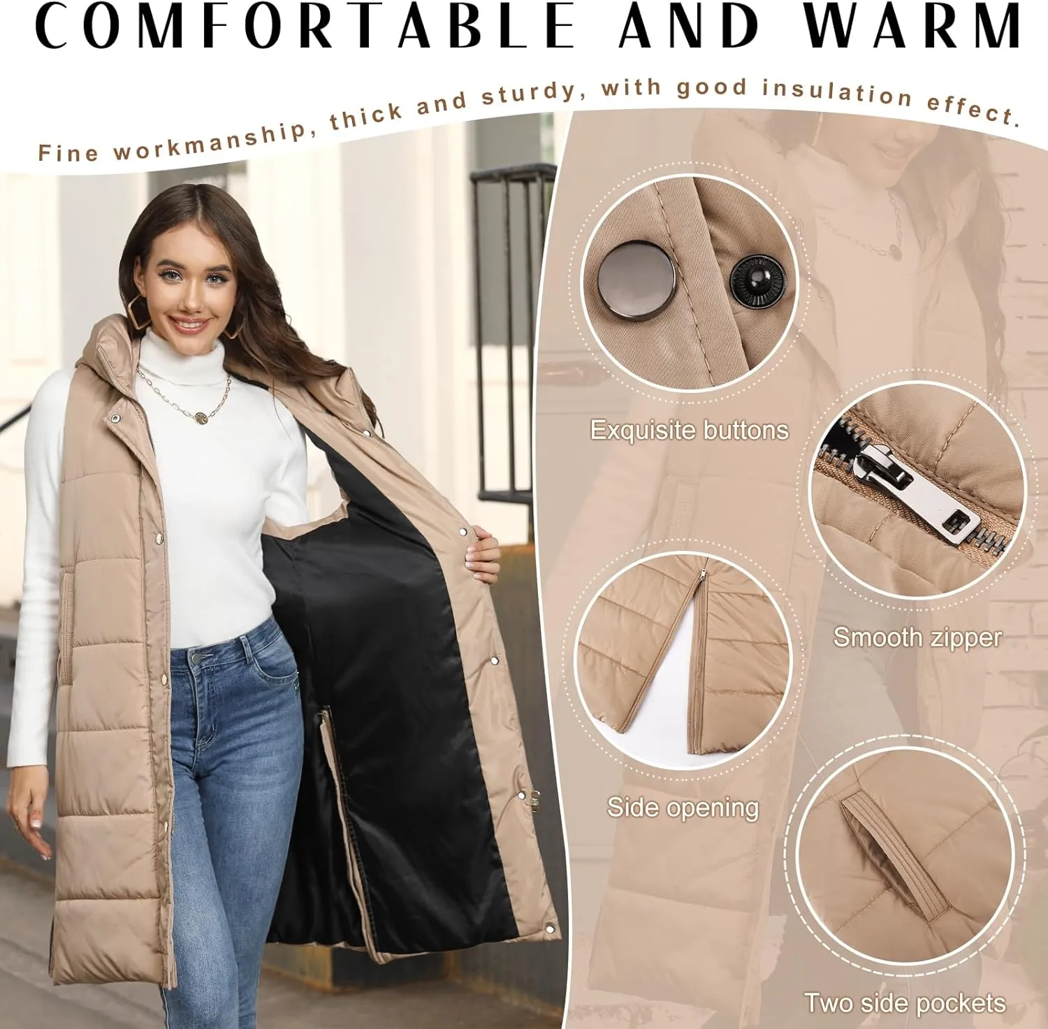 Long Puffer Vest Women Quilted Hooded Vest Zip Up Sleeveless Vests Outerwear Padded Jacket Warm Winter Coat 2024