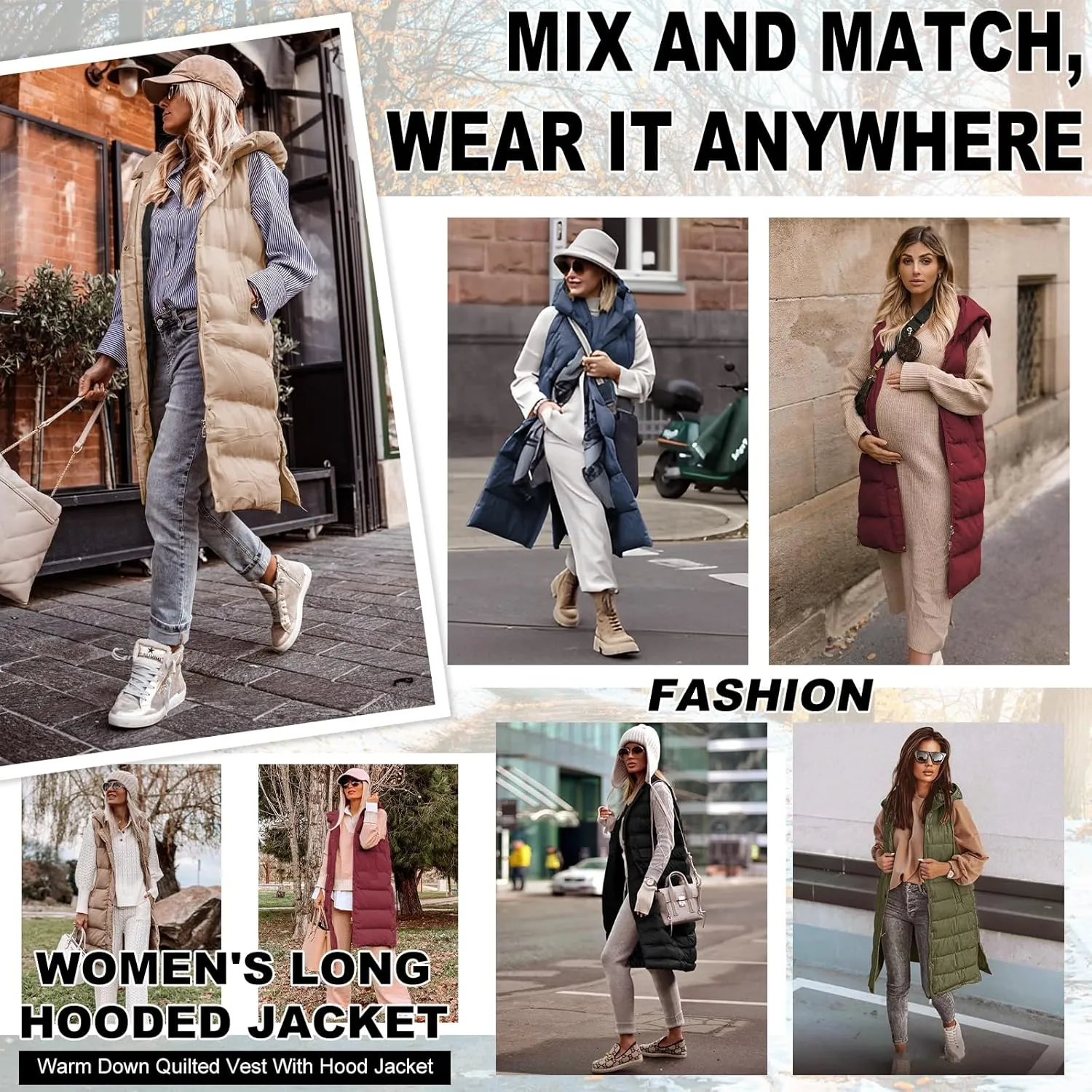 Long Puffer Vest Women Quilted Hooded Vest Zip Up Sleeveless Vests Outerwear Padded Jacket Warm Winter Coat 2024