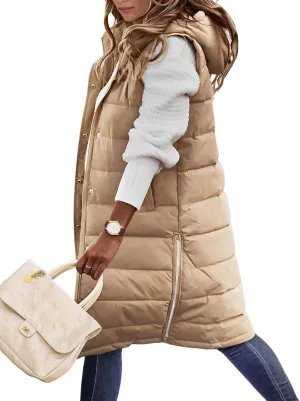 Long Puffer Vest Women Quilted Hooded Vest Zip Up Sleeveless Vests Outerwear Padded Jacket Warm Winter Coat 2024