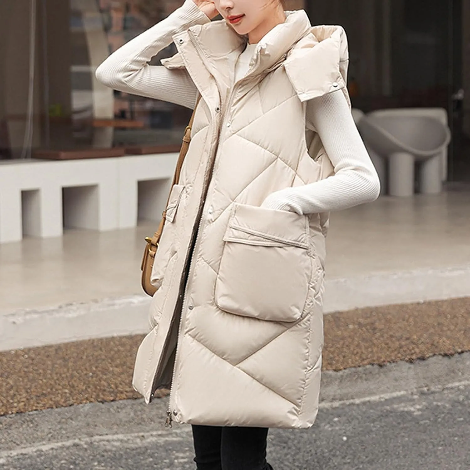 Long Puffer Vest Women Quilted Hooded Zip Up Sleeveless Outerwear Padded Quilted Jackets Winter Trendy Coat 2024
