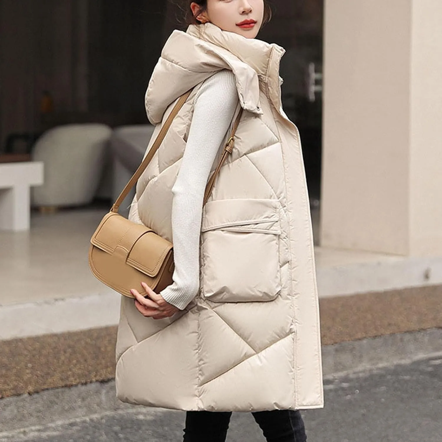 Long Puffer Vest Women Quilted Hooded Zip Up Sleeveless Outerwear Padded Quilted Jackets Winter Trendy Coat 2024