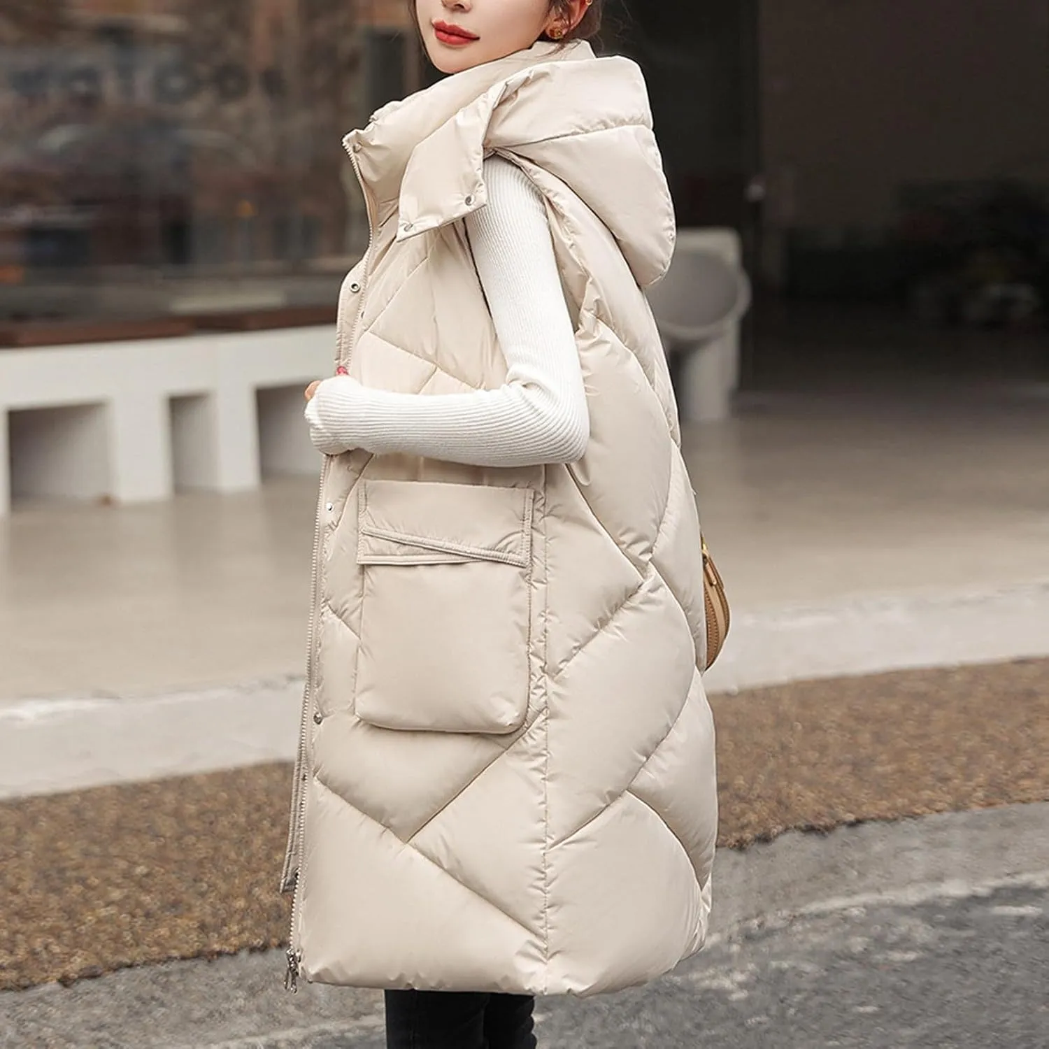 Long Puffer Vest Women Quilted Hooded Zip Up Sleeveless Outerwear Padded Quilted Jackets Winter Trendy Coat 2024