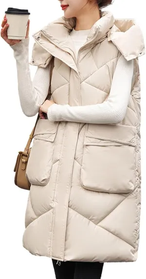 Long Puffer Vest Women Quilted Hooded Zip Up Sleeveless Outerwear Padded Quilted Jackets Winter Trendy Coat 2024