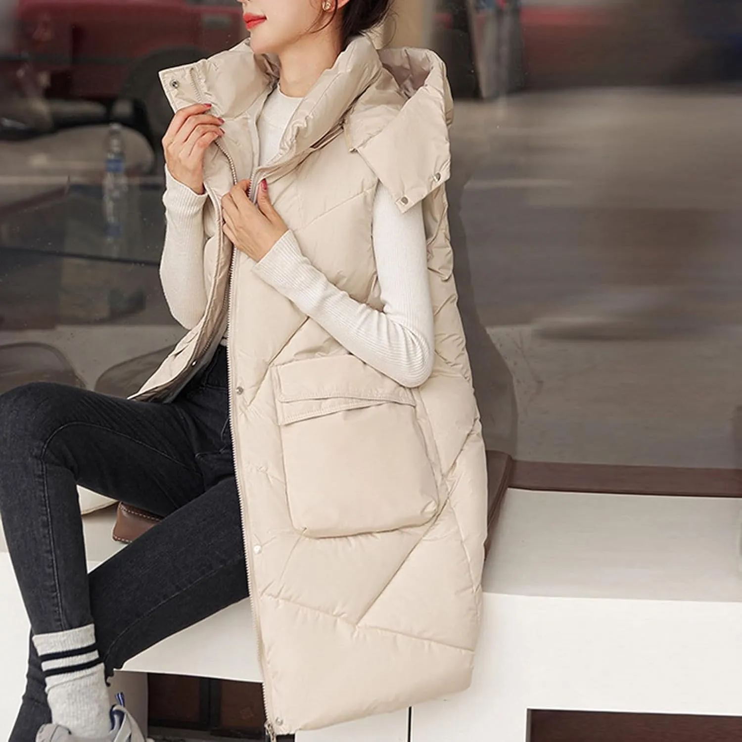 Long Puffer Vest Women Quilted Hooded Zip Up Sleeveless Outerwear Padded Quilted Jackets Winter Trendy Coat 2024