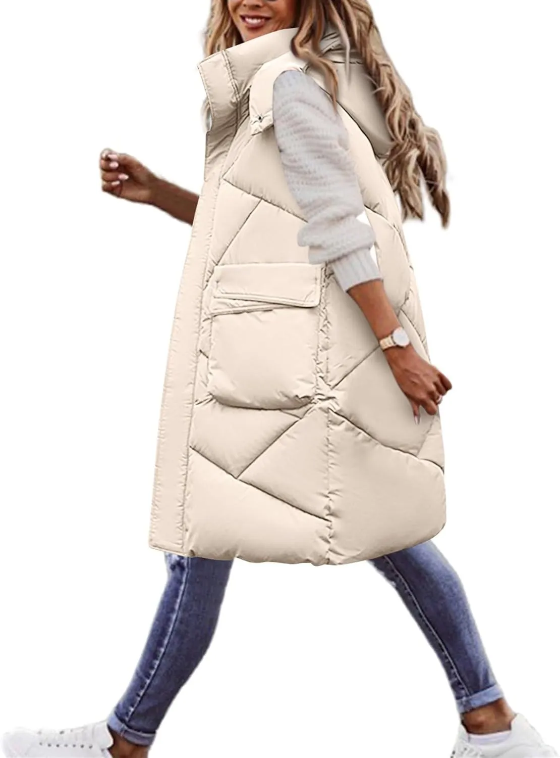 Long Puffer Vest Women Quilted Hooded Zip Up Sleeveless Outerwear Padded Quilted Jackets Winter Trendy Coat 2024