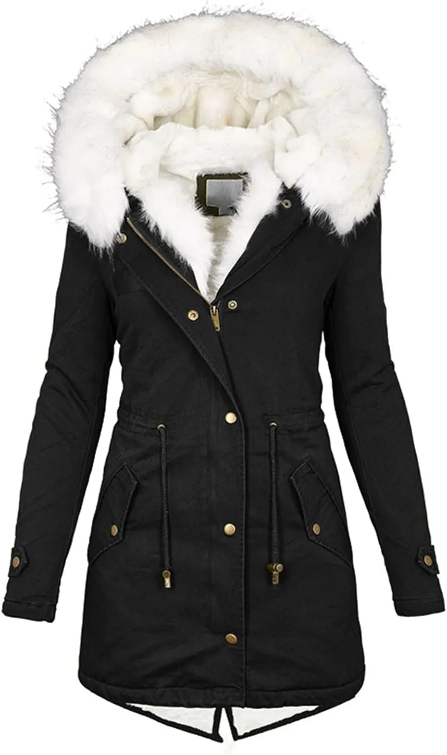Long Winter Coat with Hood Slim Casual Thicker Fashion Women'S Coat Long Sleeve Full Zip Womens Clothing Black