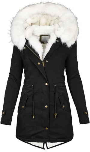 Long Winter Coat with Hood Slim Casual Thicker Fashion Women'S Coat Long Sleeve Full Zip Womens Clothing Black