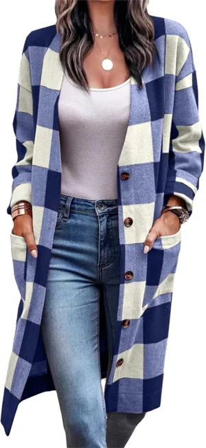 Maiyifu-GJ Women's Casual Flannel Plaid Long Jacket Spring Fall Button Wool Blend Trench Coat Long Sleeve Cardigan Sweaters