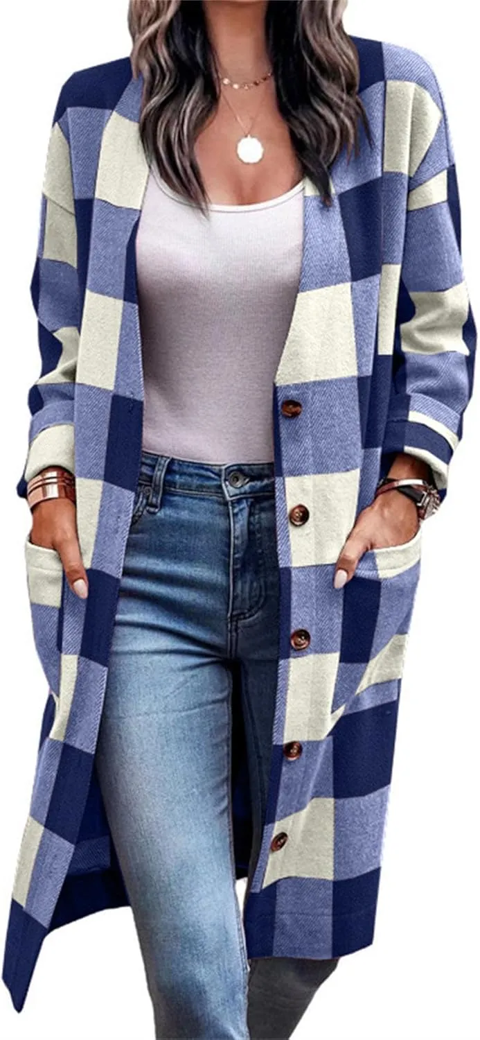 Maiyifu-GJ Women's Casual Flannel Plaid Long Jacket Spring Fall Button Wool Blend Trench Coat Long Sleeve Cardigan Sweaters