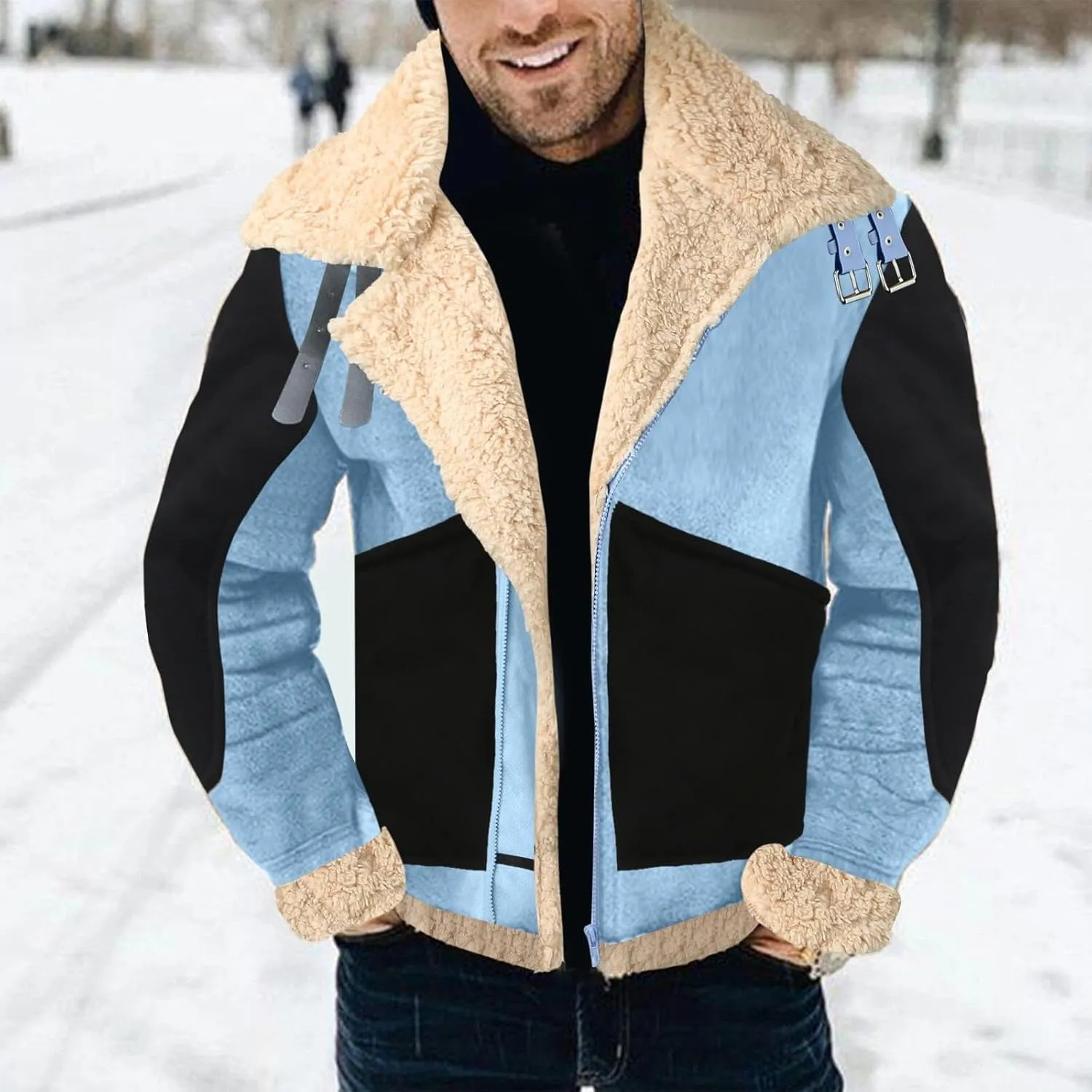 Men Colorblock Faux Fur Leather Jackets Sherpa Fleece Lined Open Front Lapel Trench Coat Winter Warm Outwears