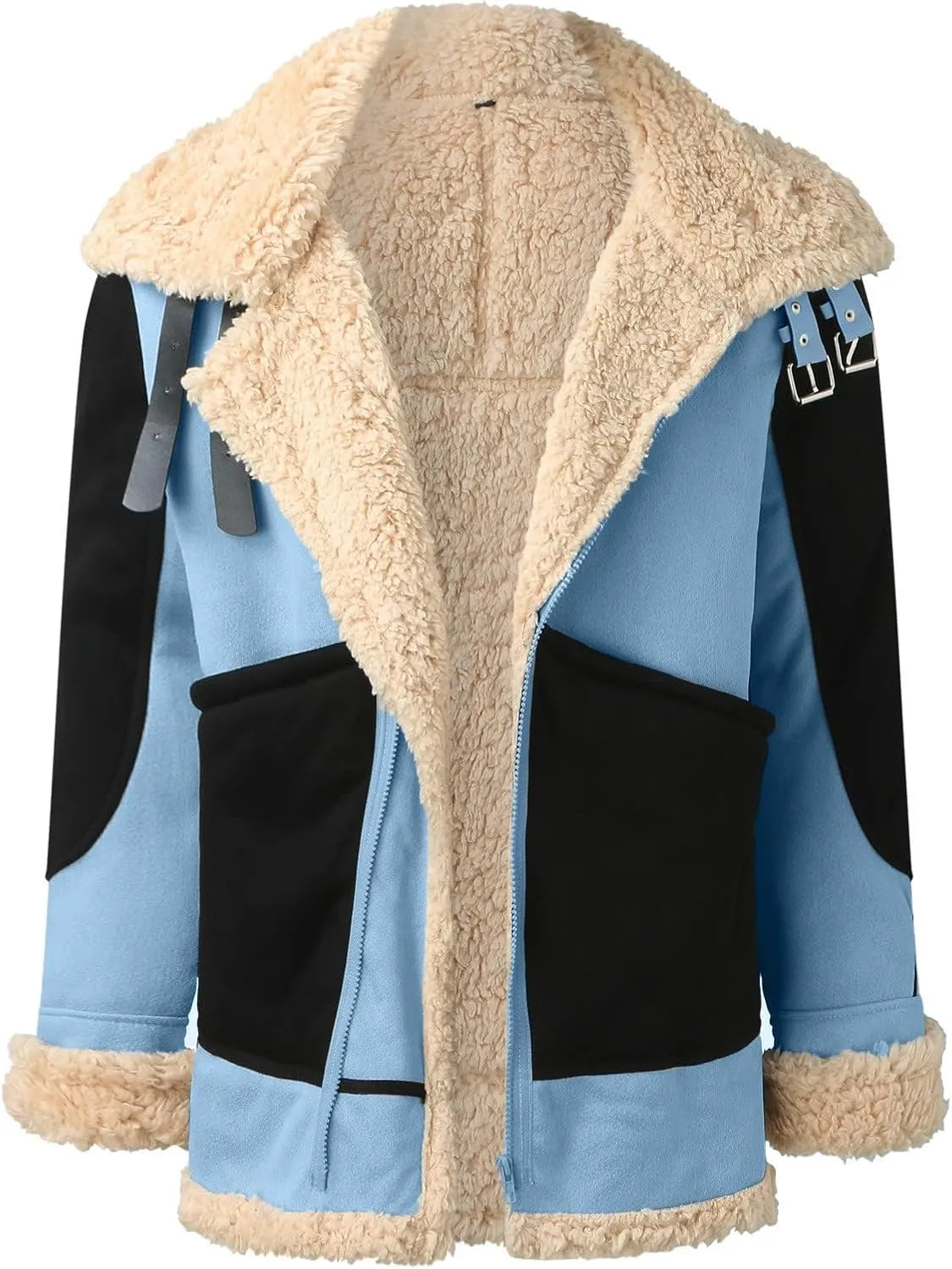 Men Colorblock Faux Fur Leather Jackets Sherpa Fleece Lined Open Front Lapel Trench Coat Winter Warm Outwears