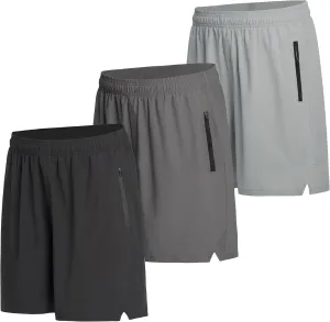Mens Athletic Shorts 3 Pack Woven Dry Fit Gym Shorts with Zipper Pockets Drawstring for Activewear