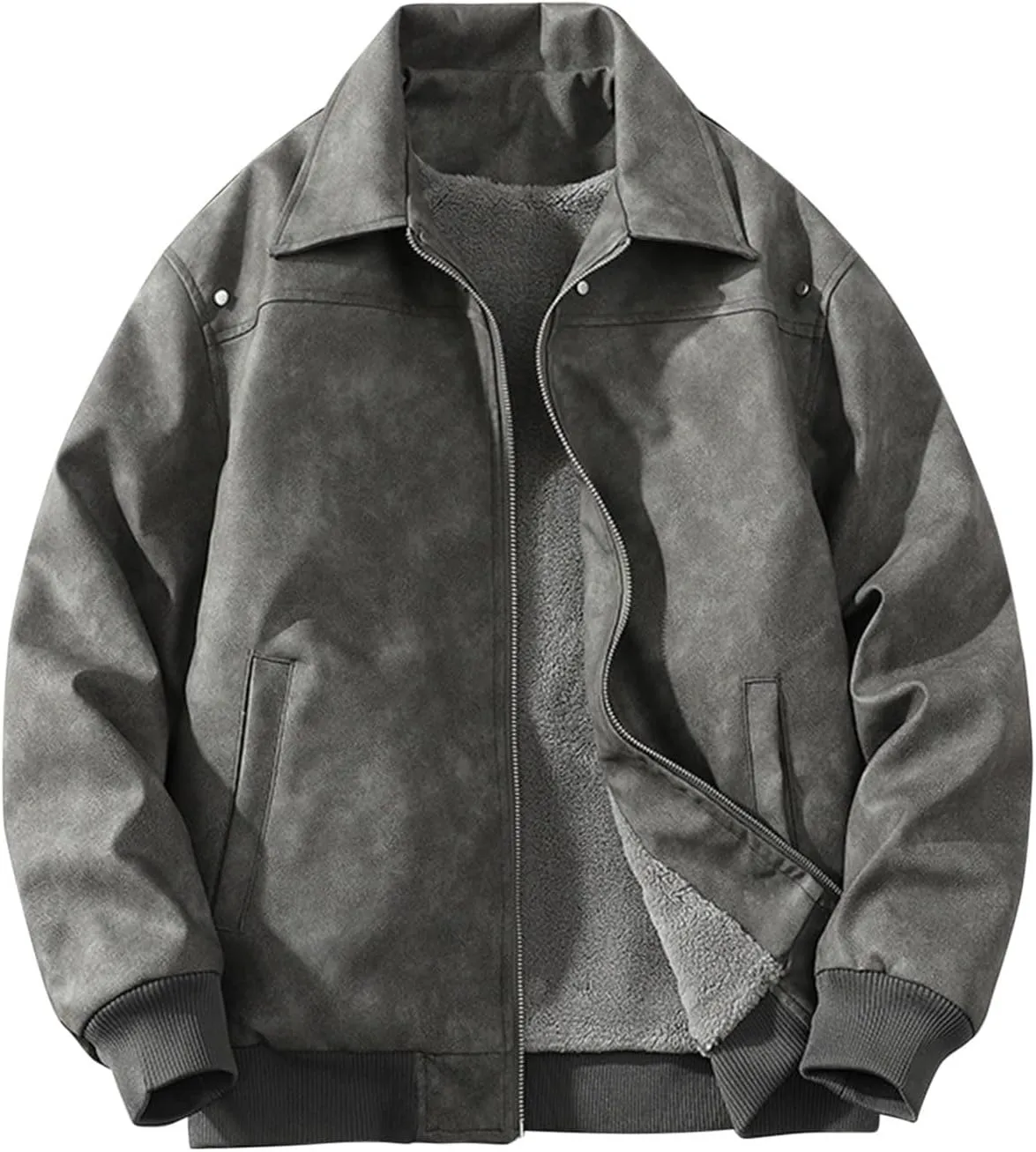 Mens Bomber Jacket Cozy Sherpa Lined Winter Jackets Coats Lapel Full-Zip Insulated Water Outerwear Plus Size Shacket