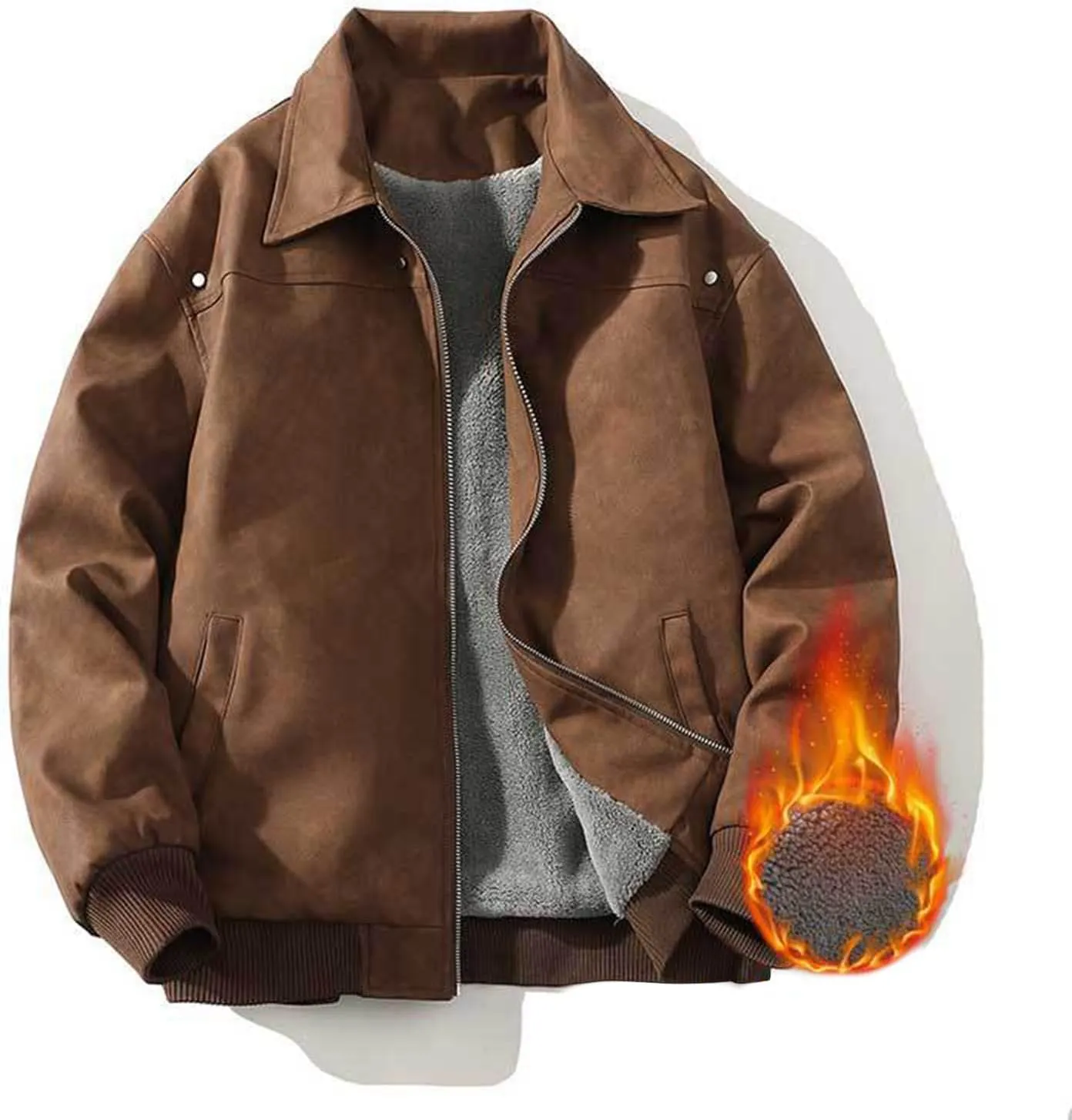 Mens Bomber Jacket Cozy Sherpa Lined Winter Jackets Coats Lapel Full-Zip Insulated Water Outerwear Plus Size Shacket