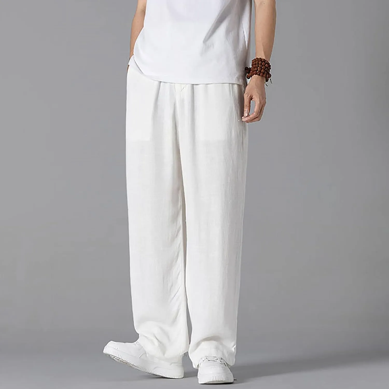 Mens Casual Cotton Linen Wide Leg Loose Lightweight Elastic Waist Pant Jogging Harem Pants Palazzo Trousers