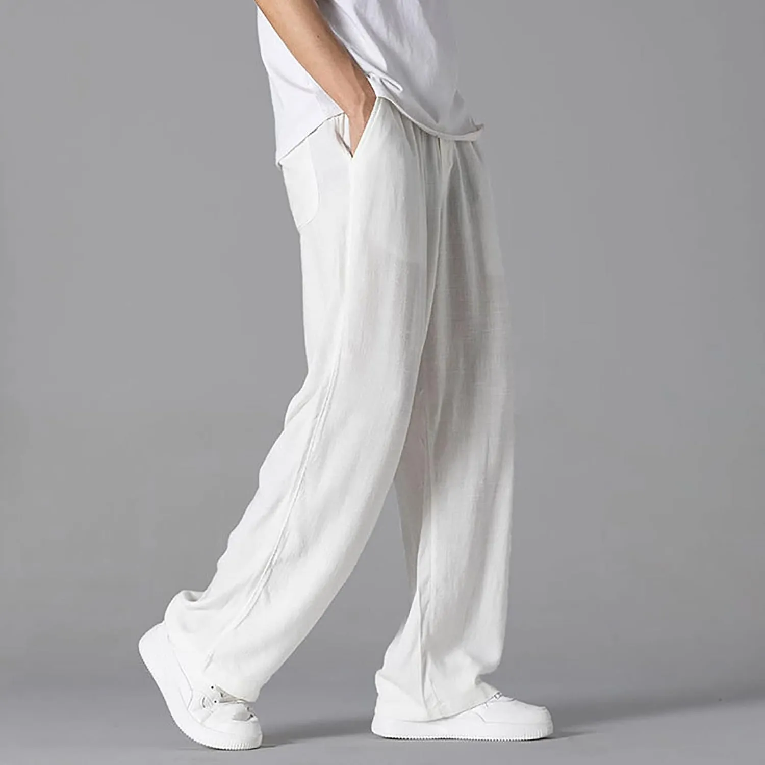 Mens Casual Cotton Linen Wide Leg Loose Lightweight Elastic Waist Pant Jogging Harem Pants Palazzo Trousers