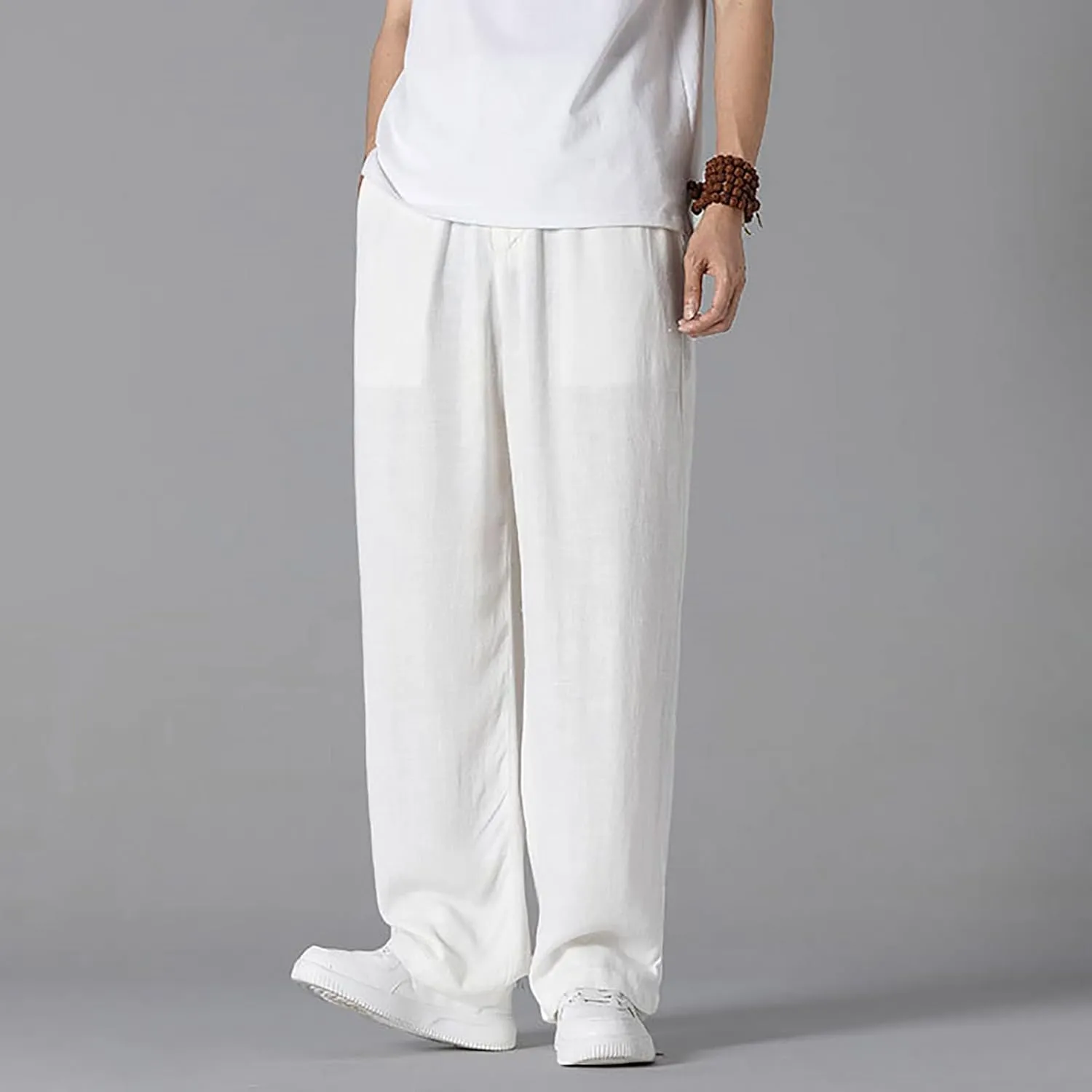 Mens Casual Cotton Linen Wide Leg Loose Lightweight Elastic Waist Pant Jogging Harem Pants Palazzo Trousers