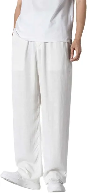 Mens Casual Cotton Linen Wide Leg Loose Lightweight Elastic Waist Pant Jogging Harem Pants Palazzo Trousers
