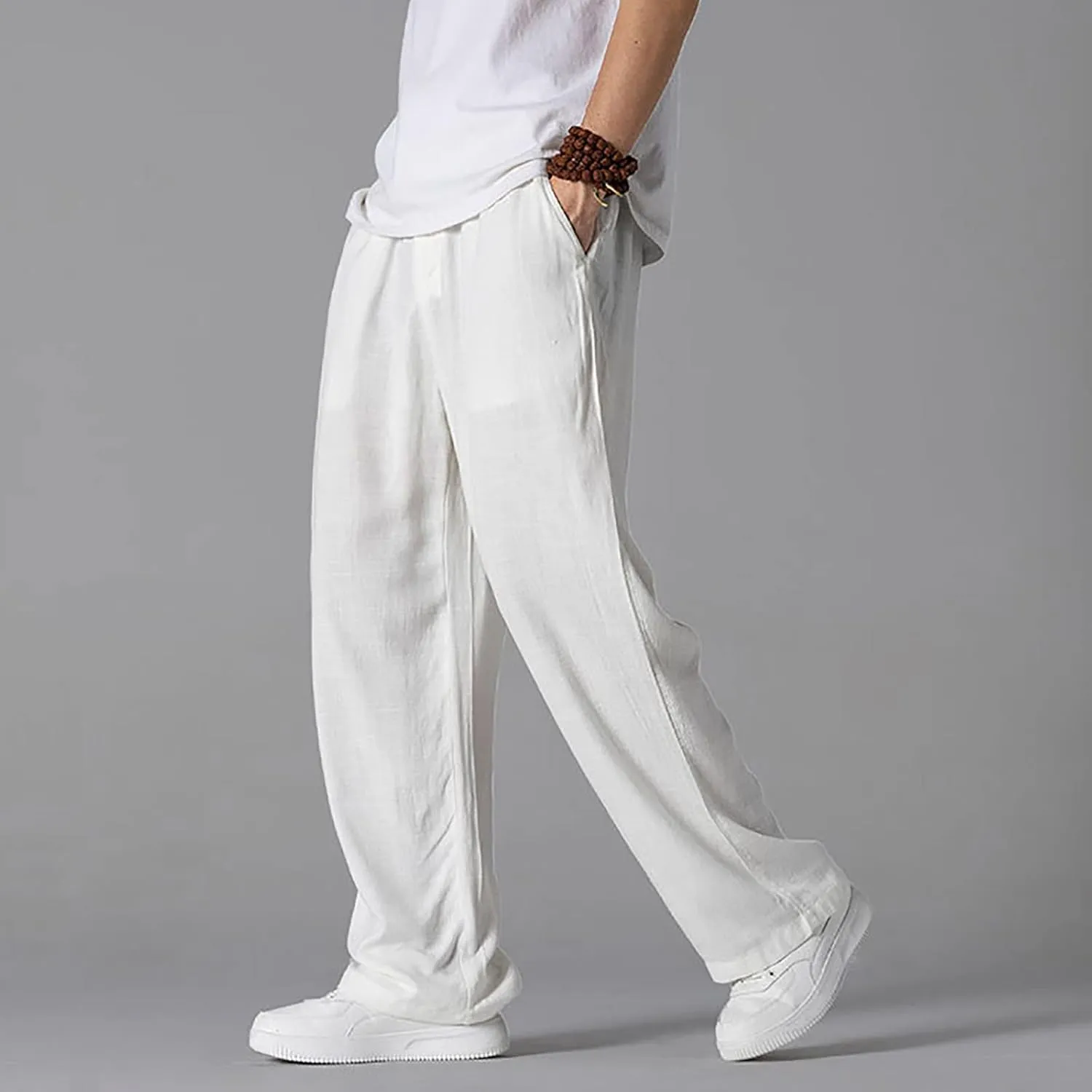 Mens Casual Cotton Linen Wide Leg Loose Lightweight Elastic Waist Pant Jogging Harem Pants Palazzo Trousers