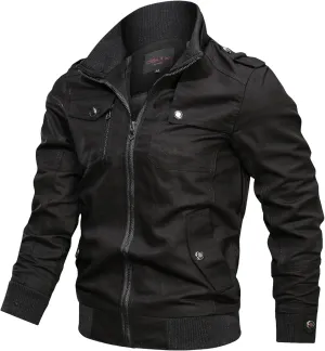 Men's Casual Military Jacket Stand Collar Jackets Coats Fashion Bomber Jackets with Shoulder Straps Pockets