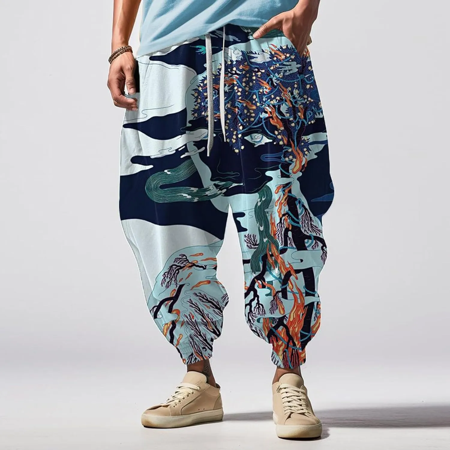 Mens Funky Print Hip Hop Harem Yoga Pants Big and Tall Casual Lounge Pants Elastic Waist Drop Crotch Hippie Trousers