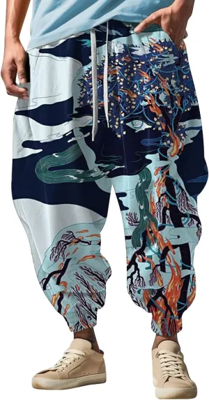Mens Funky Print Hip Hop Harem Yoga Pants Big and Tall Casual Lounge Pants Elastic Waist Drop Crotch Hippie Trousers
