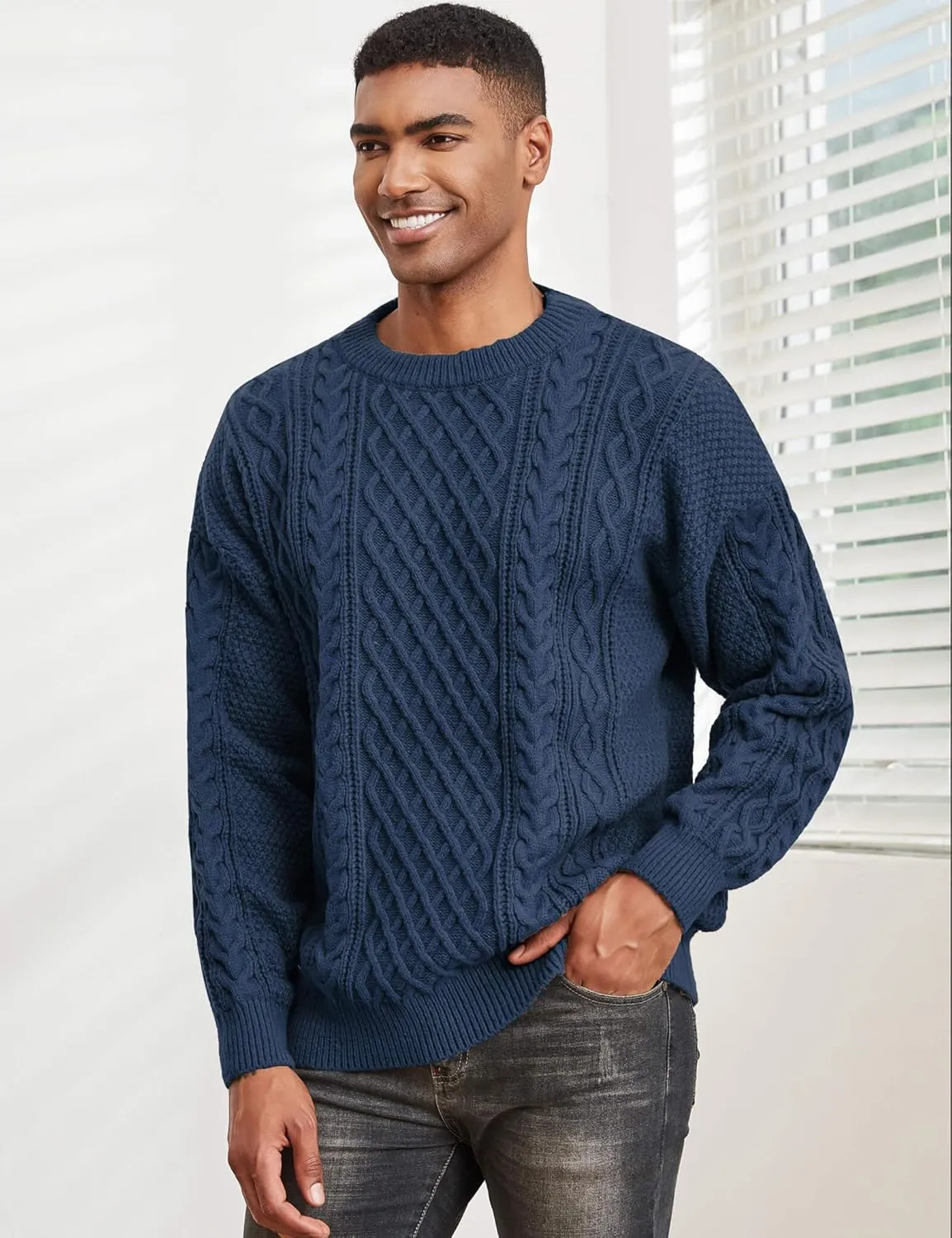 Men's Knit Sweater Crewneck Loose Fit Casual Twist Patterned Textured Long Sleeve Cable Knitted Pullover