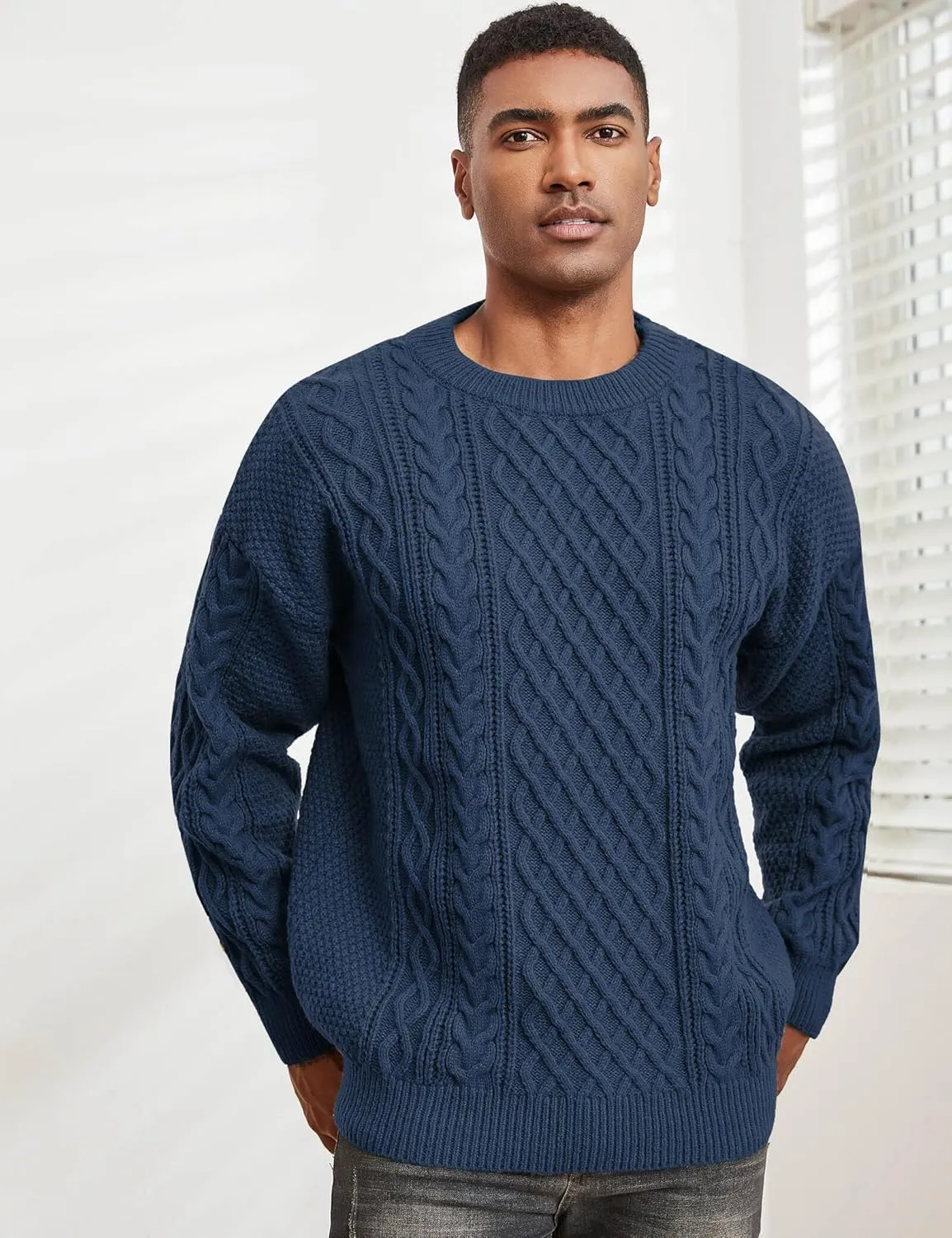 Men's Knit Sweater Crewneck Loose Fit Casual Twist Patterned Textured Long Sleeve Cable Knitted Pullover