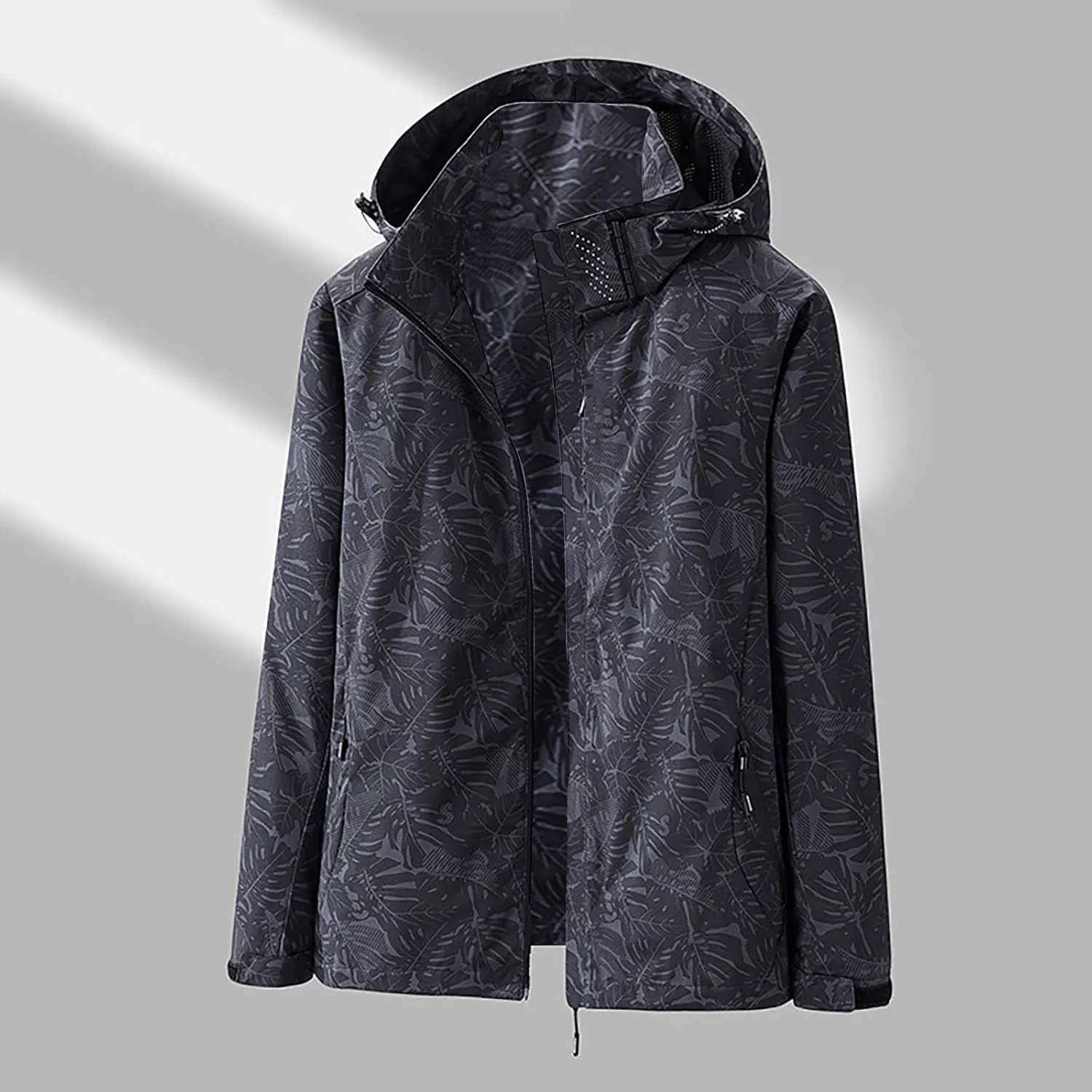 Mens Leaf Printed Waterproof Jackets Outdoor Lightweight Hooded Rain Jackets Trendy Casual Hiking Travel Raincoats