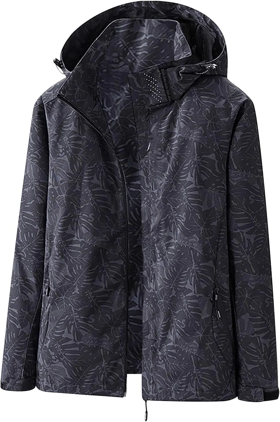 Mens Leaf Printed Waterproof Jackets Outdoor Lightweight Hooded Rain Jackets Trendy Casual Hiking Travel Raincoats