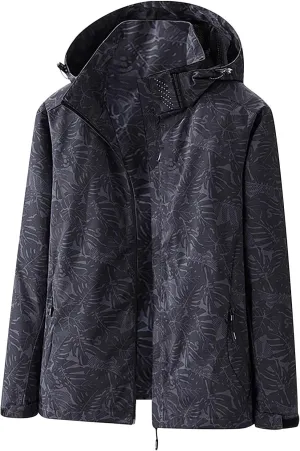 Mens Leaf Printed Waterproof Jackets Outdoor Lightweight Hooded Rain Jackets Trendy Casual Hiking Travel Raincoats