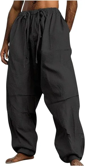 Mens Linen Harem Drawstring Pants Casual Elastic Waist Lightweight Trouser Hippie Loose Wide Leg Pants with Pocket