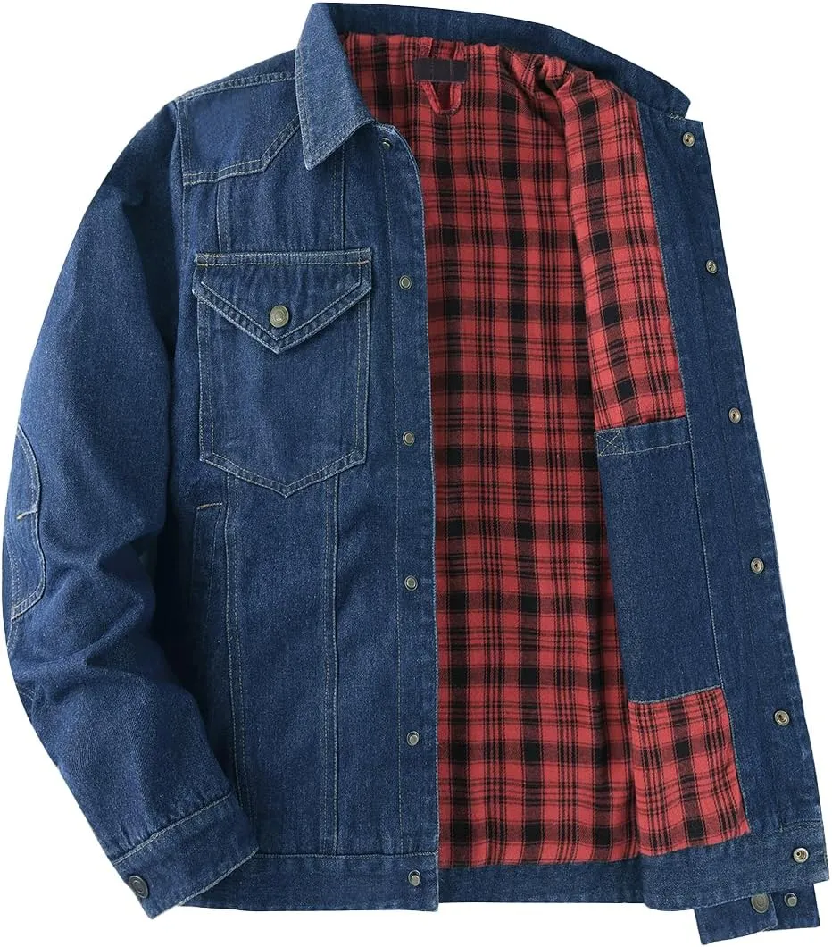Mens Plaid Denim Jackets Button Down Jean Coat Casual Long Sleeve Vintage Trucker Jackets Outwear