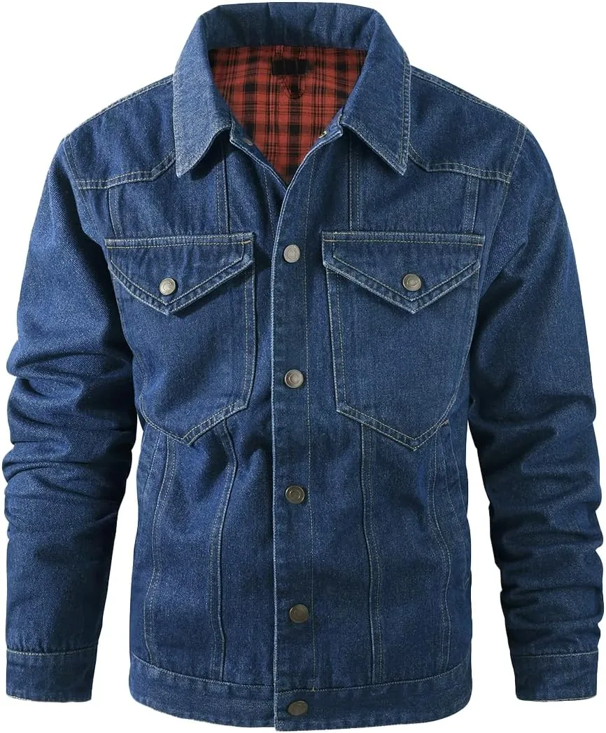 Mens Plaid Denim Jackets Button Down Jean Coat Casual Long Sleeve Vintage Trucker Jackets Outwear