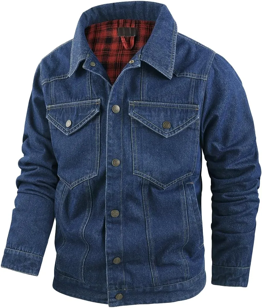 Mens Plaid Denim Jackets Button Down Jean Coat Casual Long Sleeve Vintage Trucker Jackets Outwear