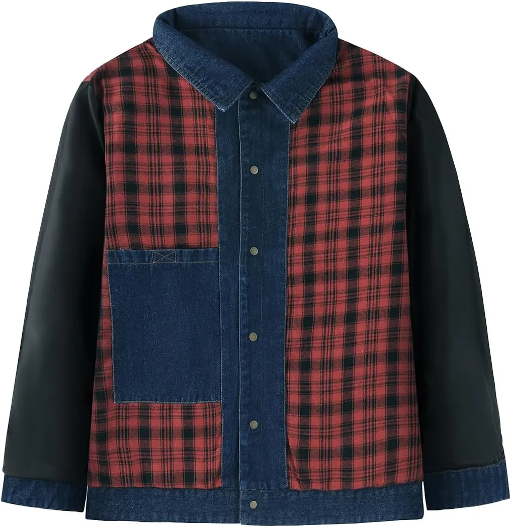 Mens Plaid Denim Jackets Button Down Jean Coat Casual Long Sleeve Vintage Trucker Jackets Outwear