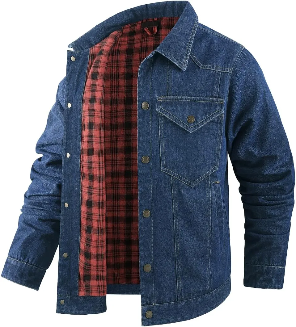 Mens Plaid Denim Jackets Button Down Jean Coat Casual Long Sleeve Vintage Trucker Jackets Outwear
