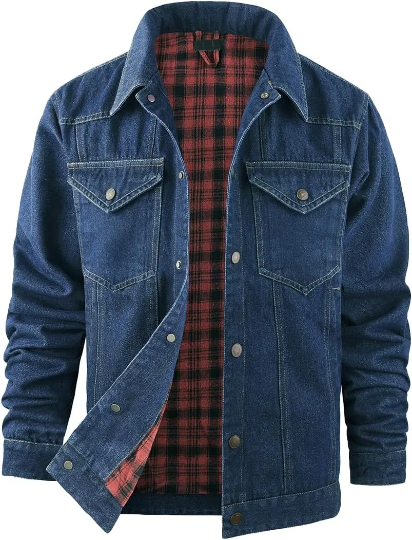 Mens Plaid Denim Jackets Button Down Jean Coat Casual Long Sleeve Vintage Trucker Jackets Outwear