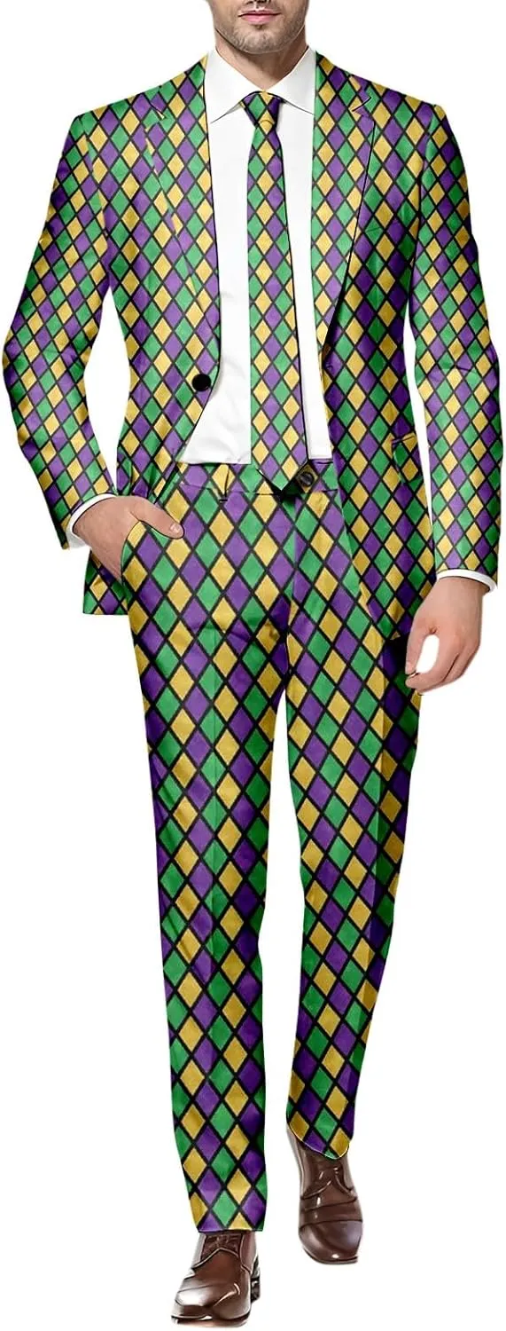 Men's Slim Fit 3 Piece Suit Button Down Color Block Notch Lapel Party Tuxedo Suits Blazer Jacket Vests Pants
