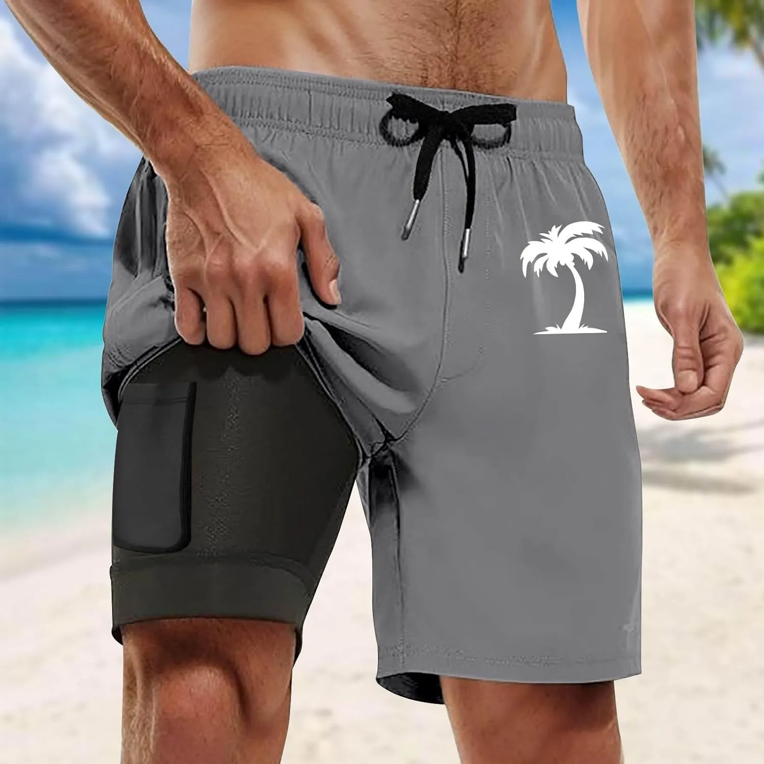 Men's Swim Trunks with Compression Liner 7" Inseam Quick Dry Beach Board Shorts Drawstring Swim Suits with Pockets