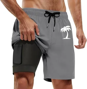 Men's Swim Trunks with Compression Liner 7" Inseam Quick Dry Beach Board Shorts Drawstring Swim Suits with Pockets
